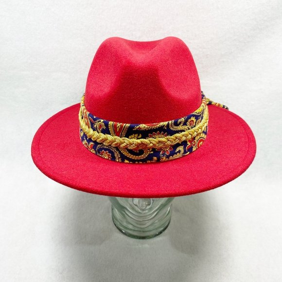 Custom Red Fedora with Gold Braid & Paisley Scarf Detail NWT main image 6